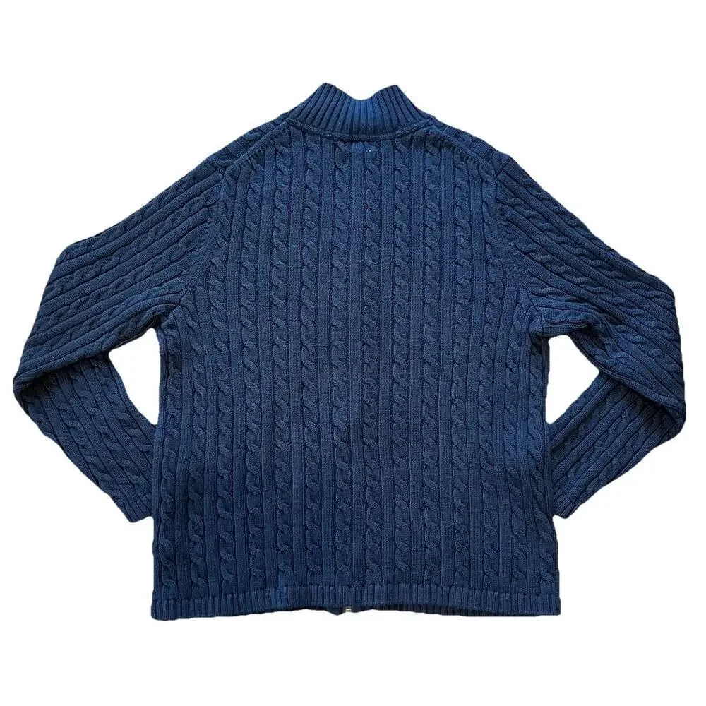 LL Bean Sweater Full Zip Men’s Sz 1X Holiday Cable Knit Blue 100% Cotton 251834